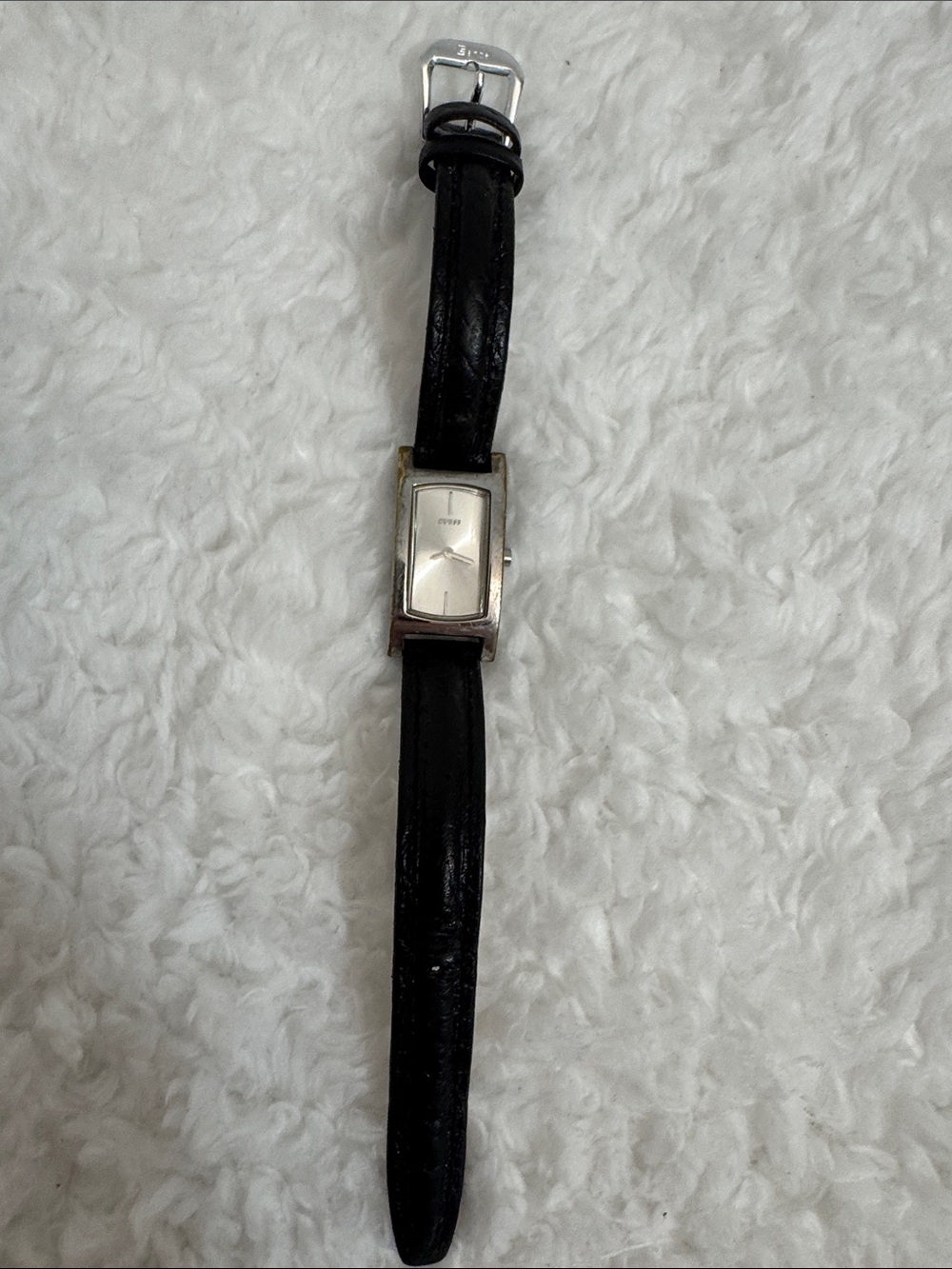 Guess Women's Black Leather Strap Silver-Tone Rectangular Watch